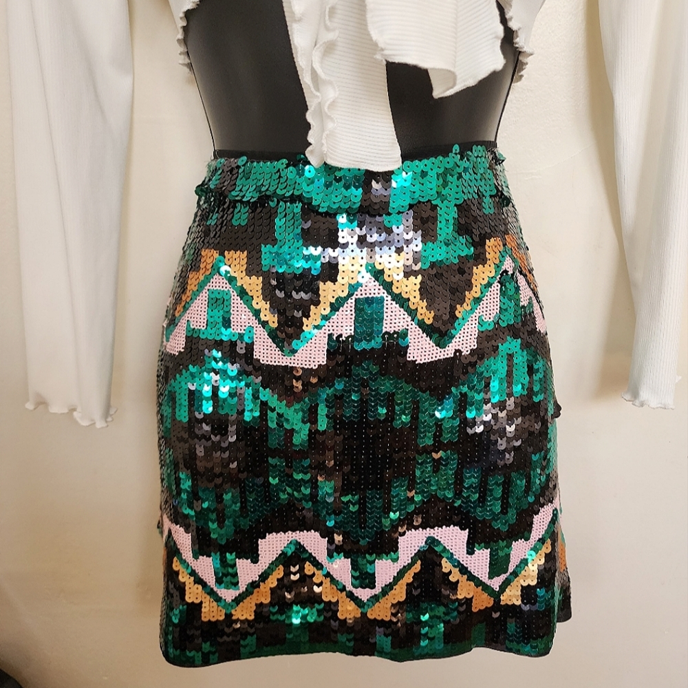 Divided Green Multi Colored Sequin Mini Skirt - image 3